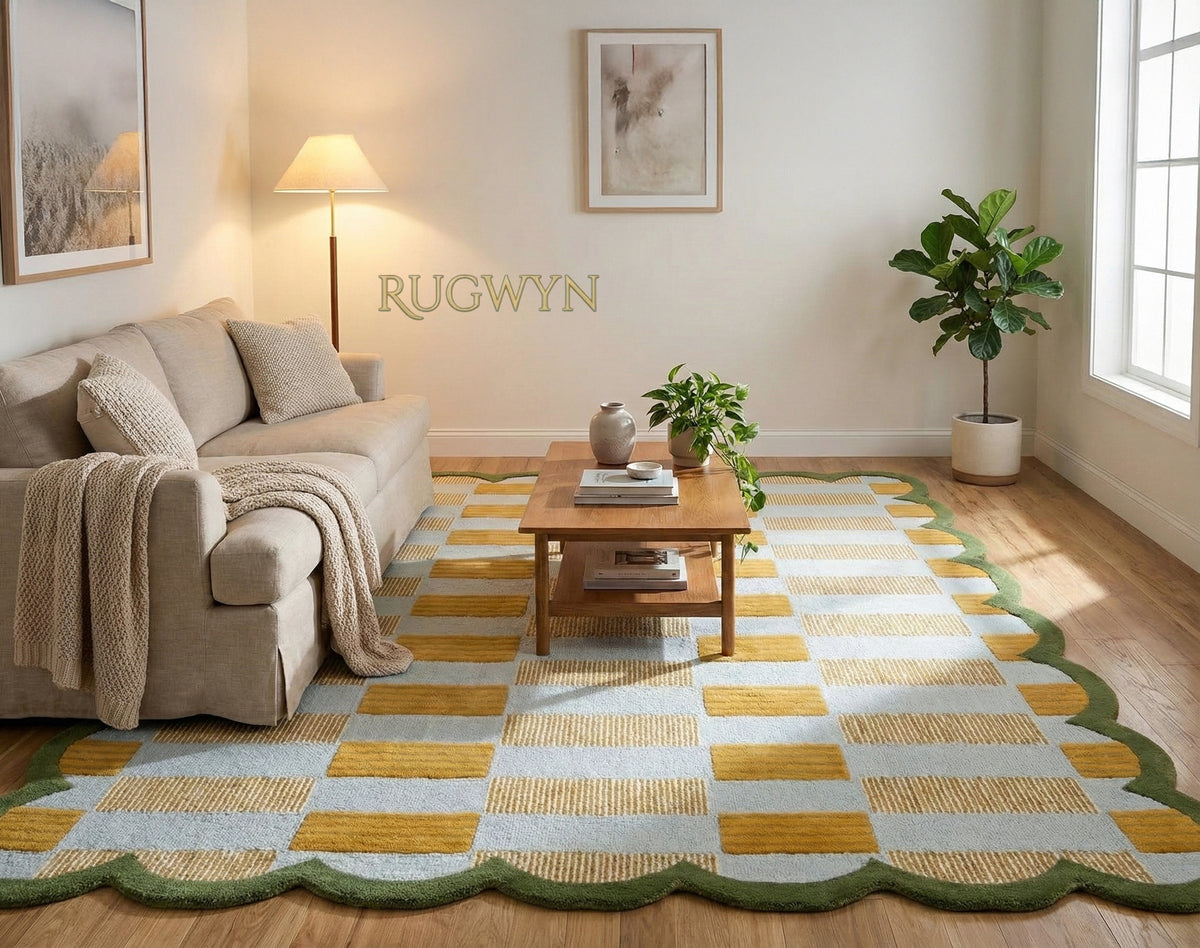Hand-Tufted Scalloped Plaid Wool Area Rug