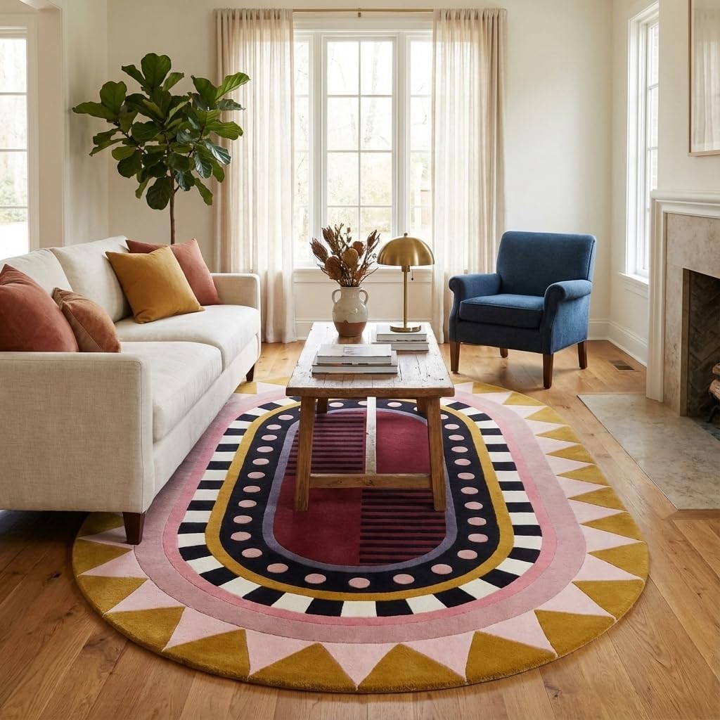 Handmade Oval Geometric Wool Area Rug – Modern Art Deco Inspired Abstract