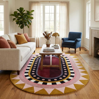 Handmade Oval Geometric Wool Area Rug – Modern Art Deco Inspired Abstract