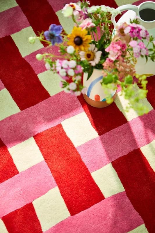 Hand-Tufted Basketweave Wool Area Rug, Modern Checkered Plaid Pattern,