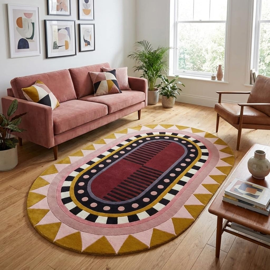 Handmade Oval Geometric Wool Area Rug – Modern Art Deco Inspired Abstract