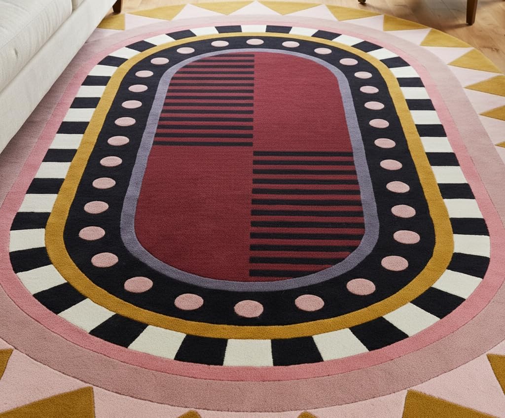 Handmade Oval Geometric Wool Area Rug – Modern Art Deco Inspired Abstract
