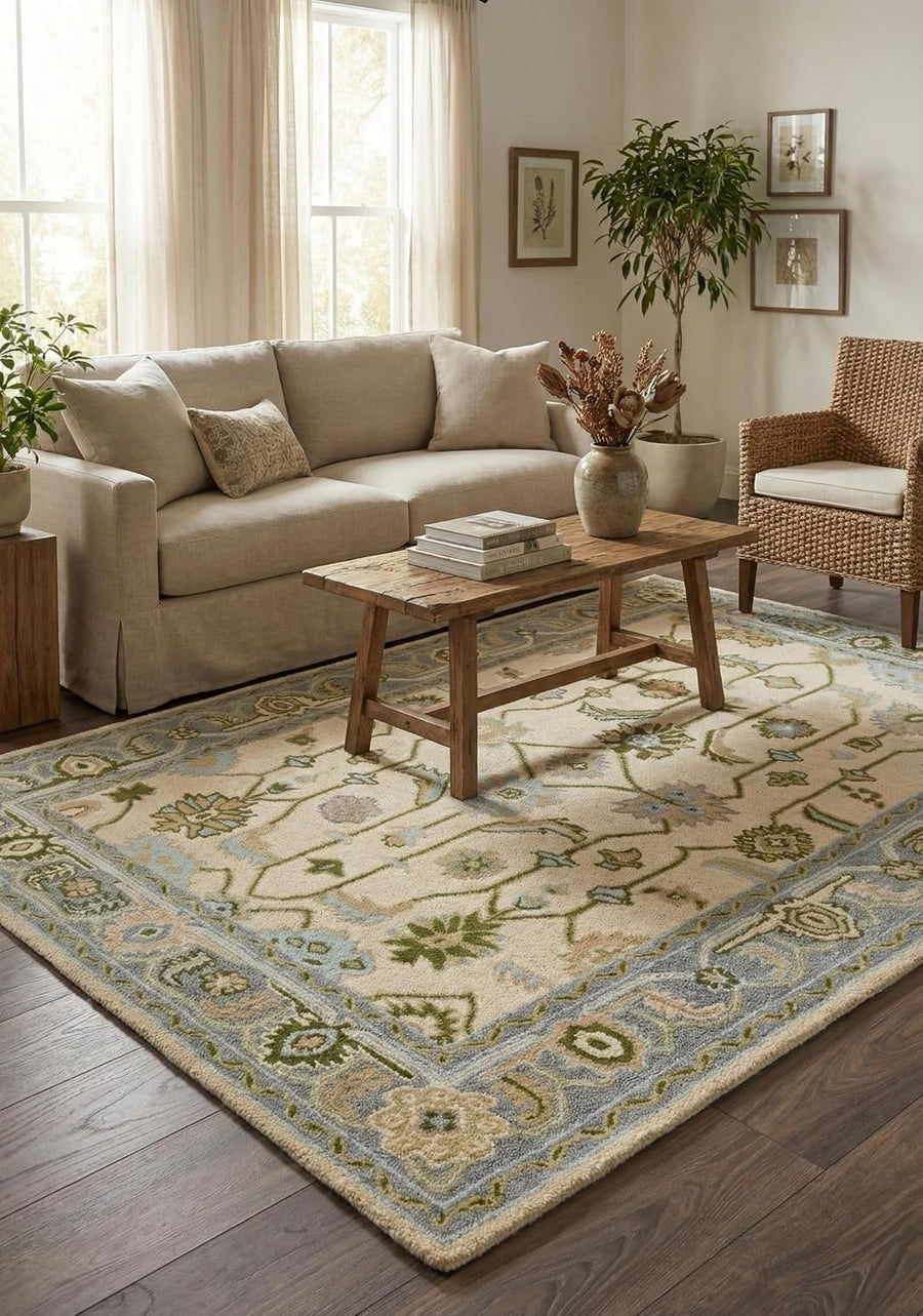 Hand Tufted Oushak Wool Area Rug – Traditional Floral Oriental Vintage Style Carpet