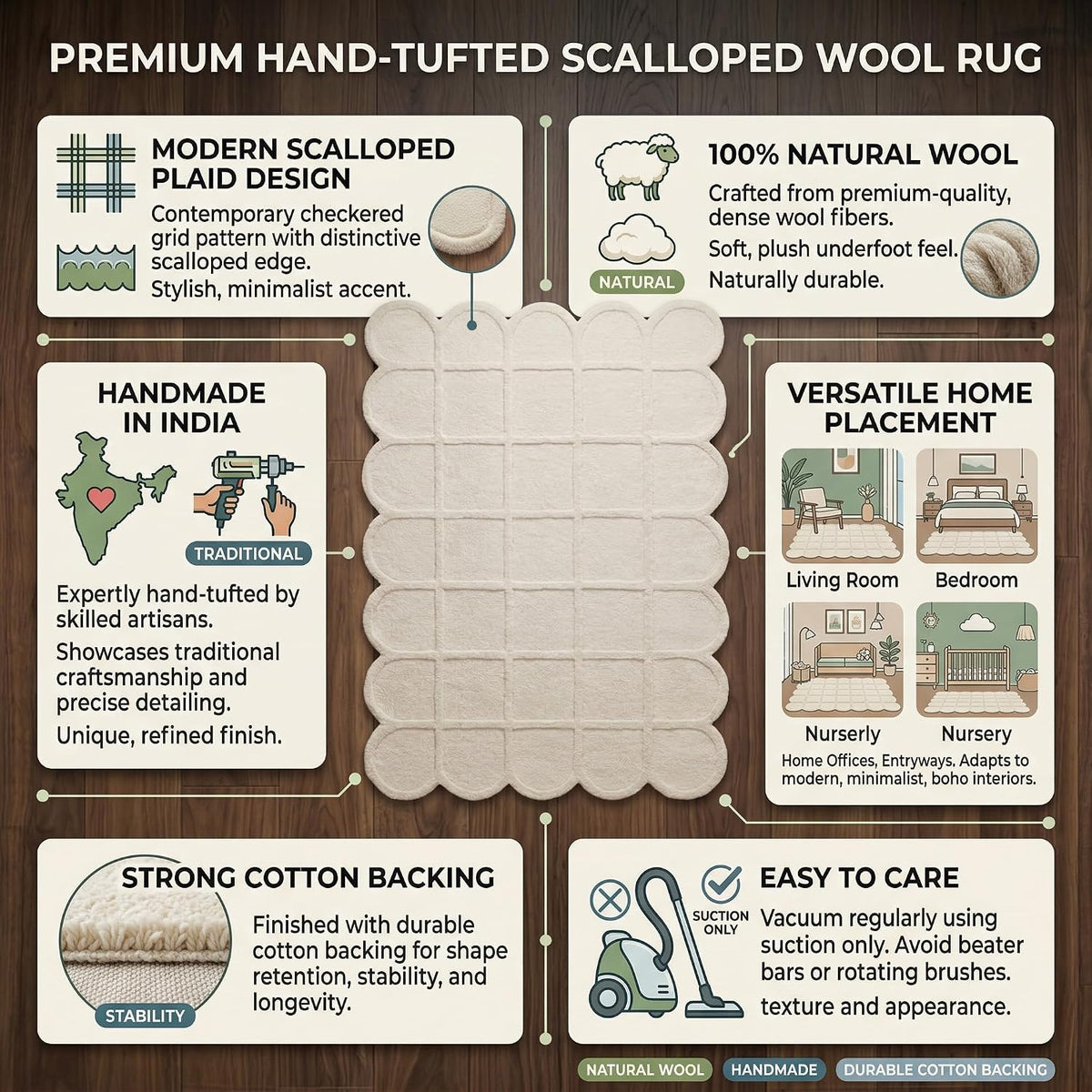 Selena Scallop Wool Area Rug – Hand-Tufted, Scalloped Edge