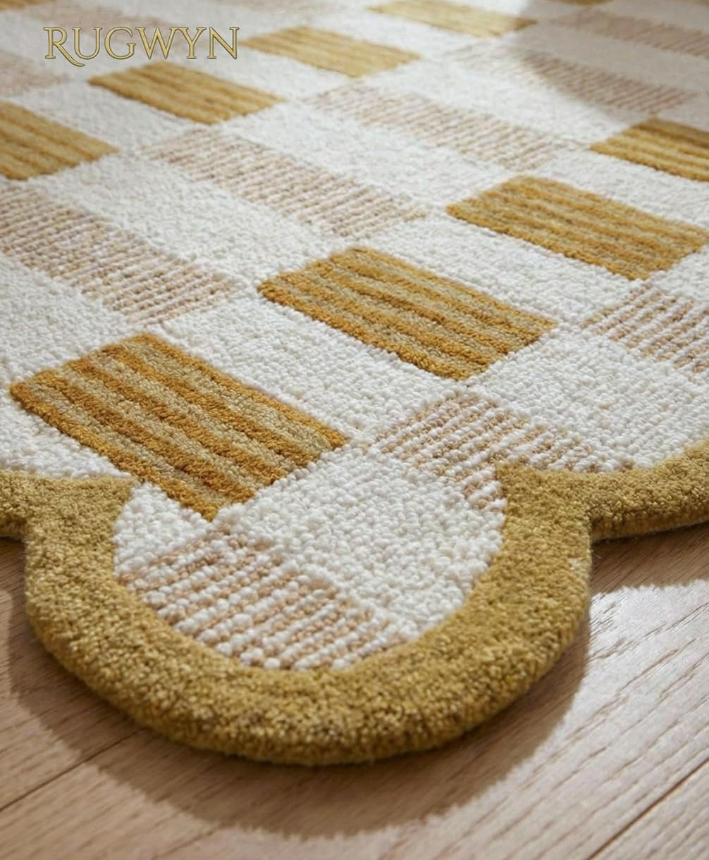Scalloped Plaid Wool Area Rug