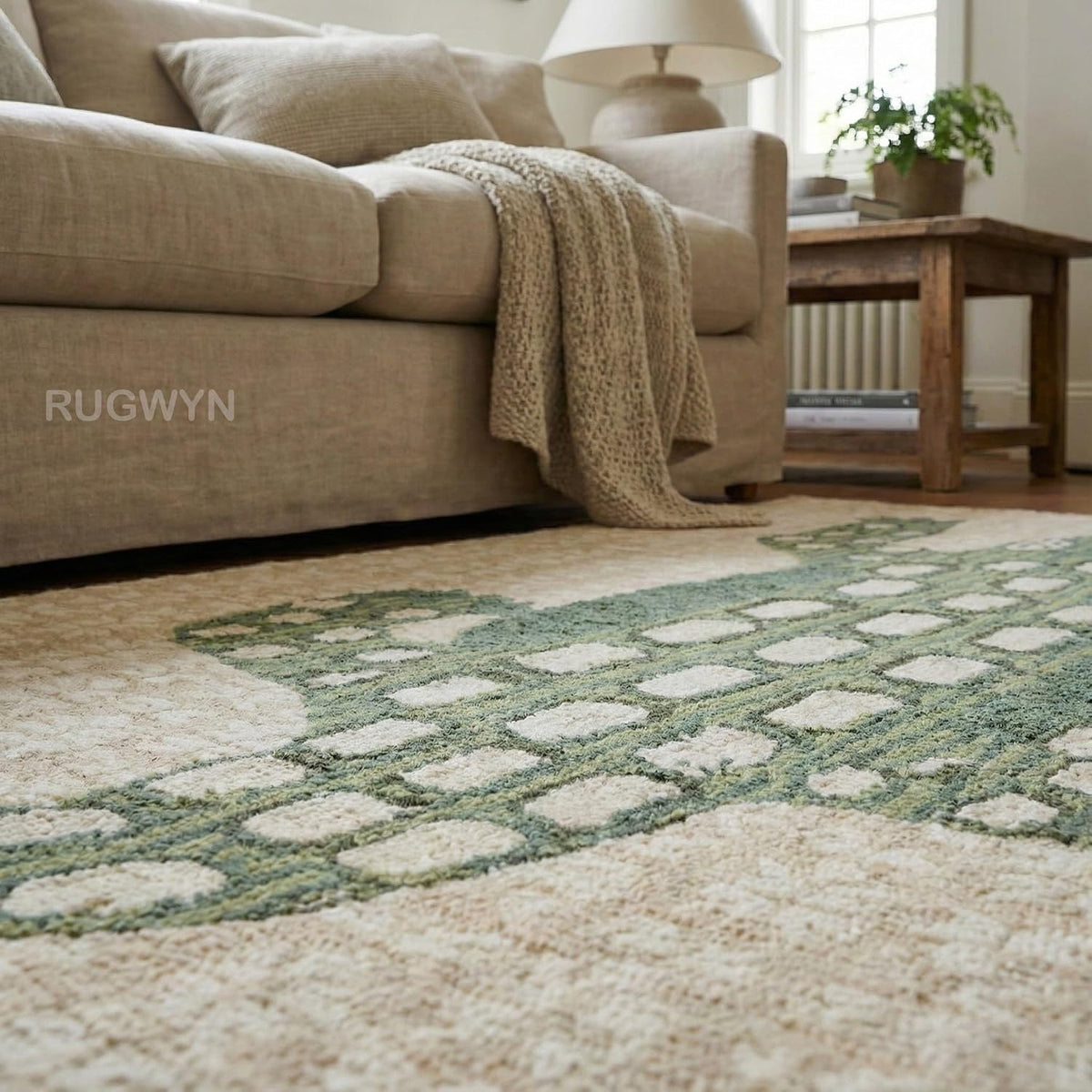 Hand-Tufted Alligator Wool Area Rug – Beige & Green Crocodile Animal Pattern