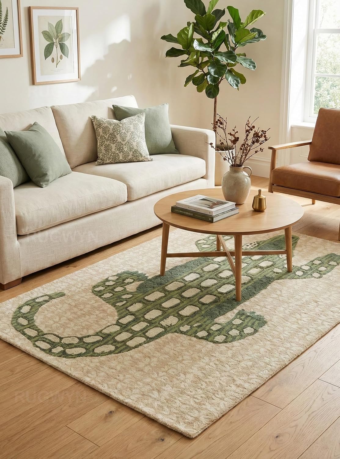 Hand-Tufted Alligator Wool Area Rug – Beige & Green Crocodile Animal Pattern