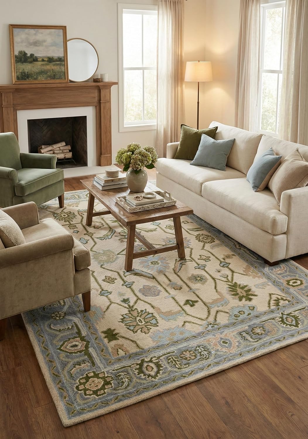 Hand Tufted Oushak Wool Area Rug – Traditional Floral Oriental Vintage Style Carpet