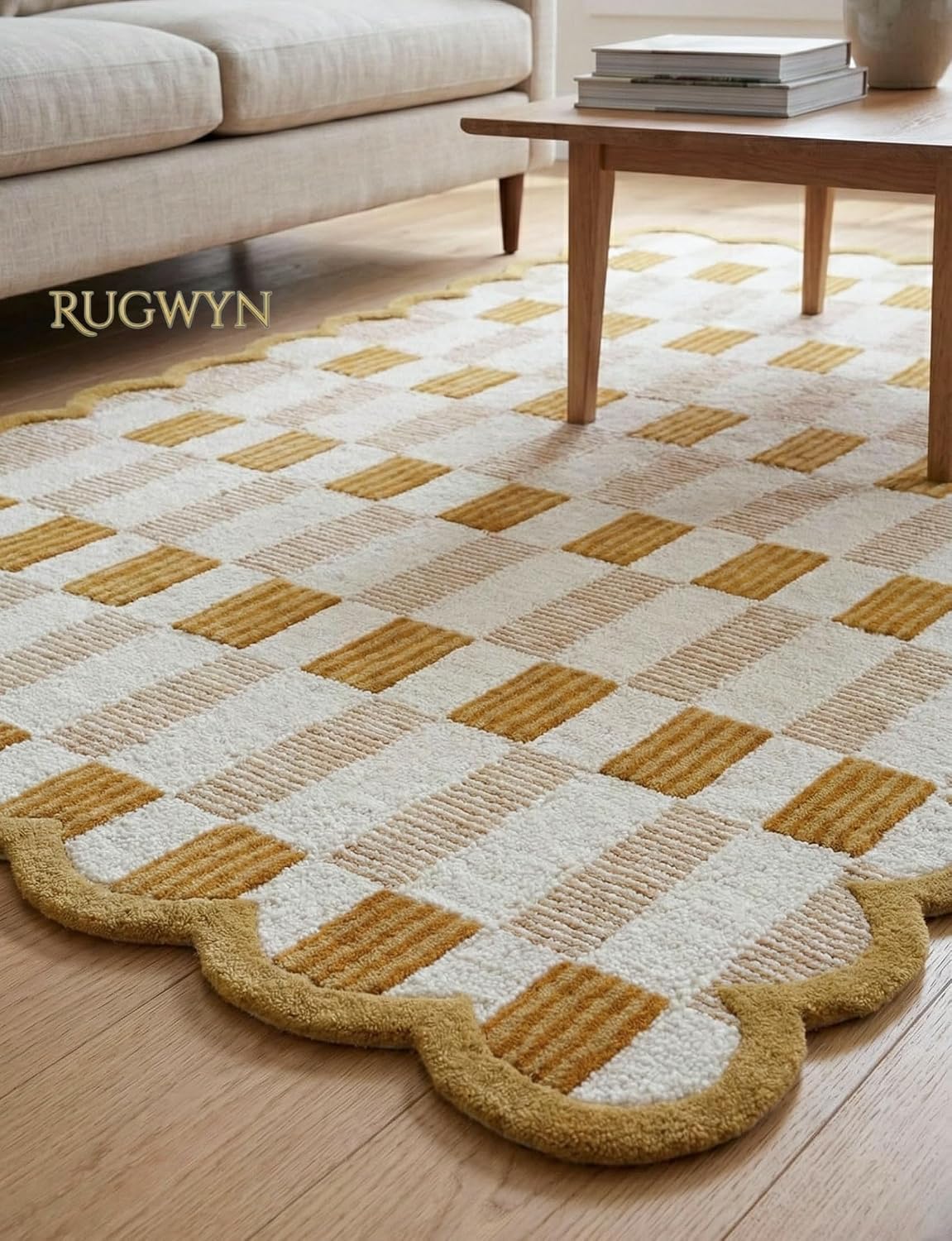 Hand-Tufted Scalloped Plaid Wool Area Rug