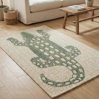 Alligator Wool Area Rug – Beige & Green Crocodile Animal Pattern