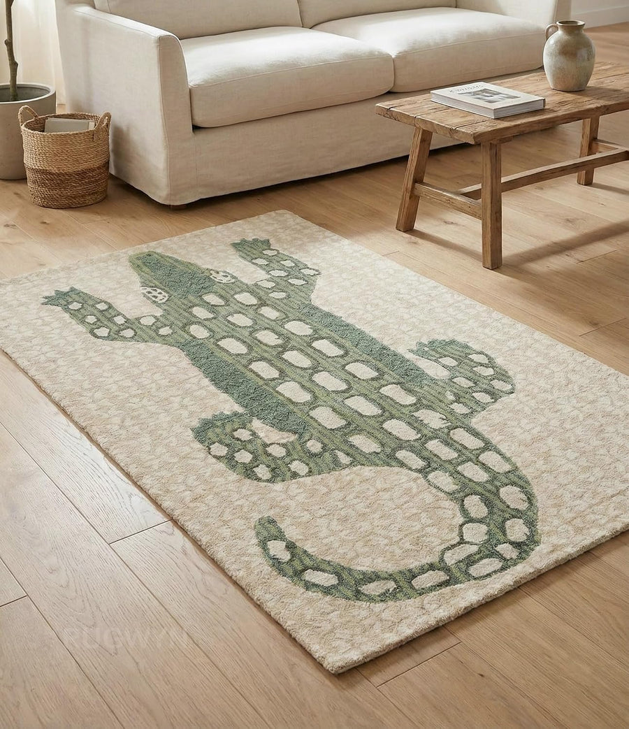 Hand-Tufted Alligator Wool Area Rug – Beige & Green Crocodile Animal Pattern