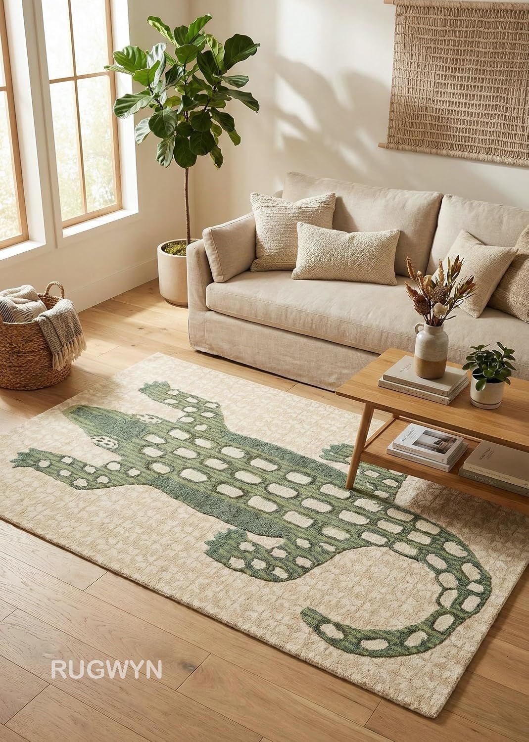 Hand-Tufted Alligator Wool Area Rug – Beige & Green Crocodile Animal Pattern