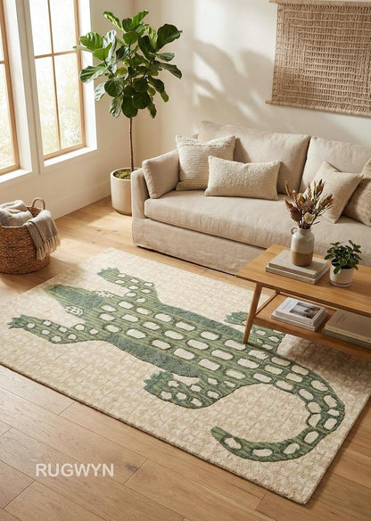 Hand-Tufted Alligator Wool Area Rug – Beige & Green Crocodile Animal Pattern