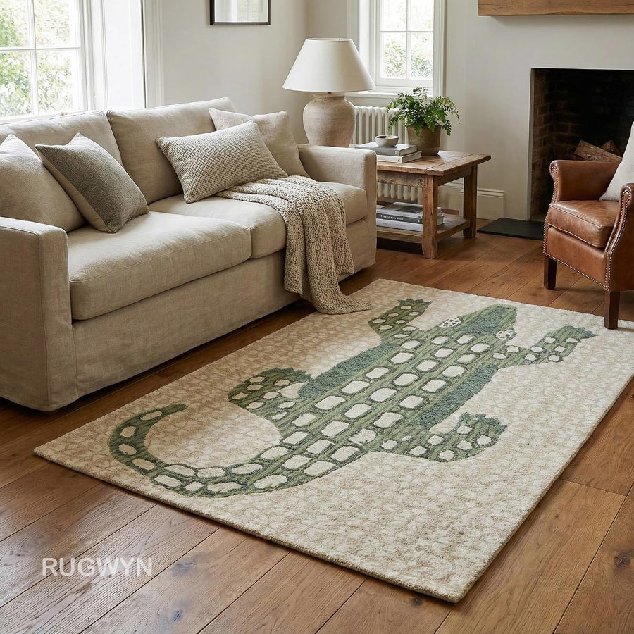 Hand-Tufted Alligator Wool Area Rug – Beige & Green Crocodile Animal Pattern