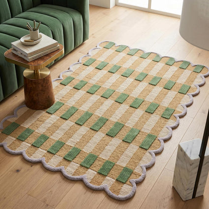Hand-Tufted Scalloped Plaid Wool Area Rug