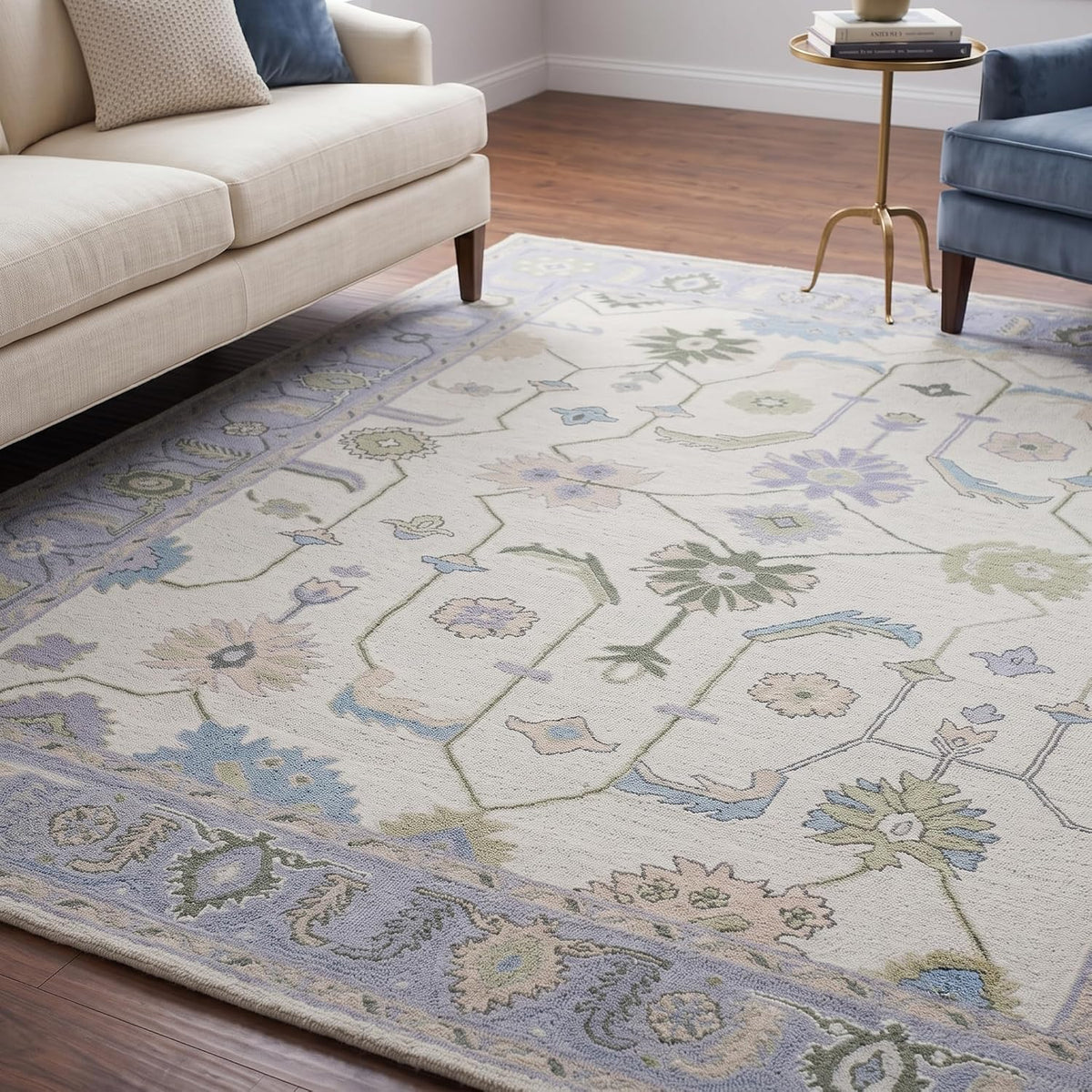Hand Tufted Oushak Wool Area Rug – Traditional Floral Oriental Vintage Style Carpet