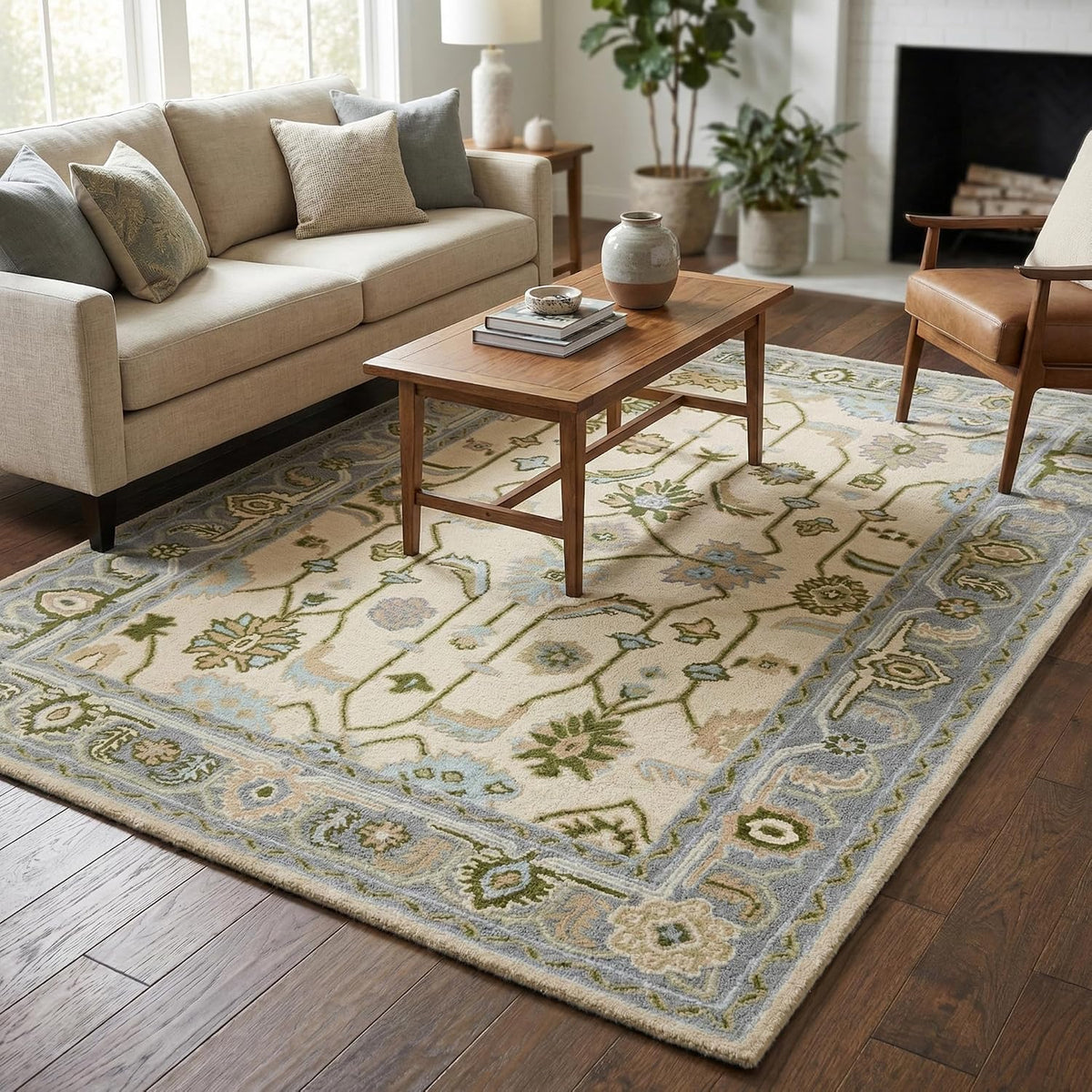 Hand Tufted Oushak Wool Area Rug – Traditional Floral Oriental Vintage Style Carpet