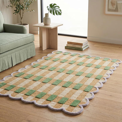 Hand-Tufted Scalloped Plaid Wool Area Rug