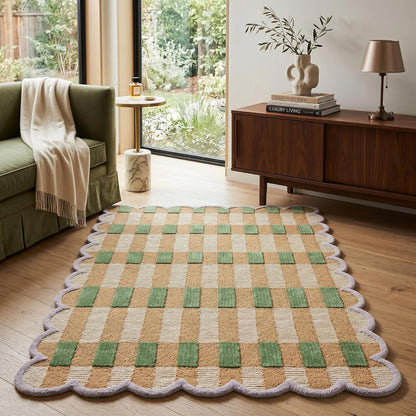 Hand-Tufted Scalloped Plaid Wool Area Rug