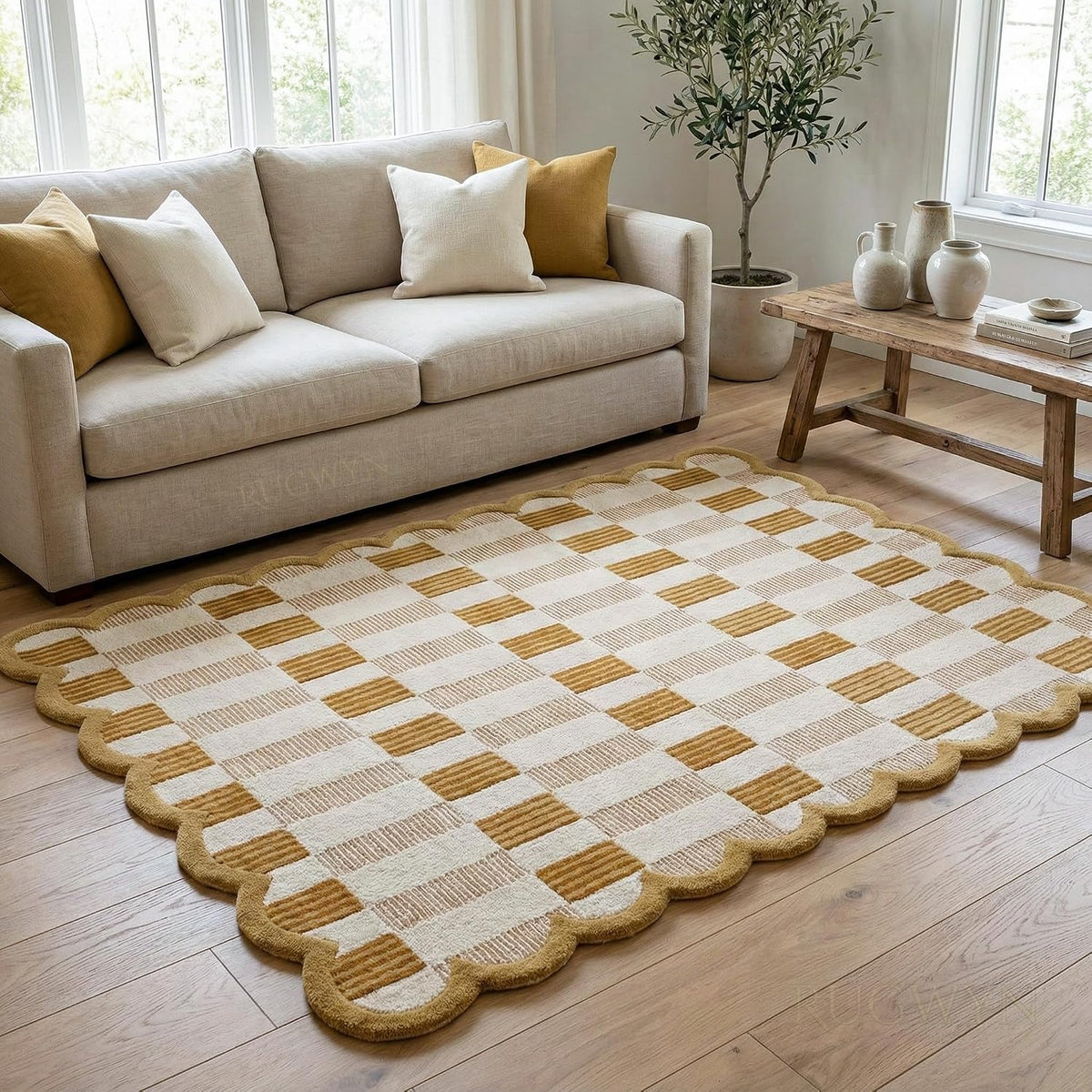 Hand-Tufted Scalloped Plaid Wool Area Rug