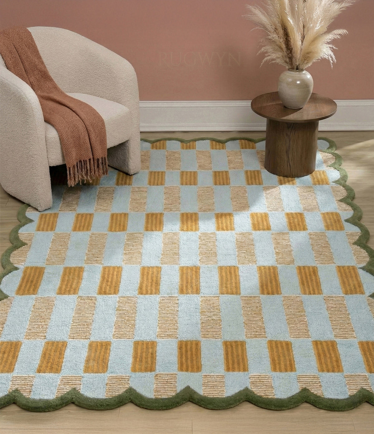 Hand-Tufted Scalloped Plaid Wool Area Rug