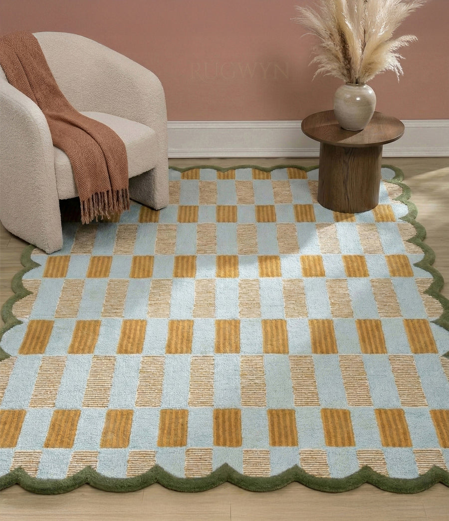 Hand-Tufted Scalloped Plaid Wool Area Rug