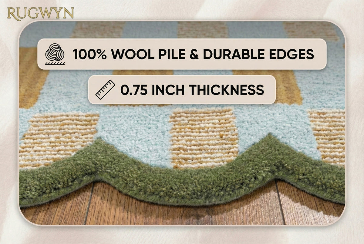 Hand-Tufted Scalloped Plaid Wool Area Rug