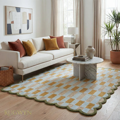 Hand-Tufted Scalloped Plaid Wool Area Rug